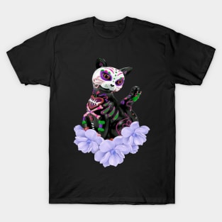 Day Of The Dead Sugar Skull Cat Purple Flowers T-Shirt